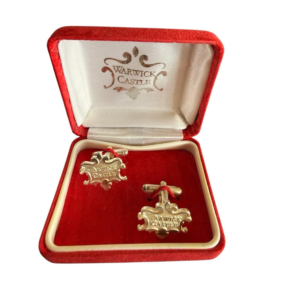 Vintage Warwick Castle Gold Tone Souvenir Cufflinks with Original Red Velvet Box